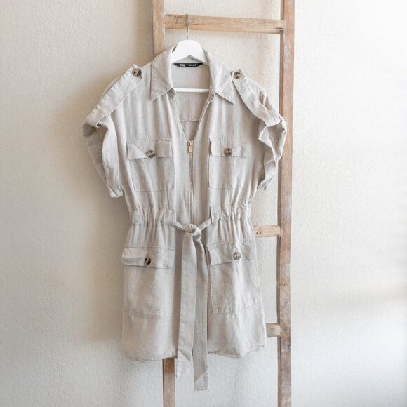 Zara Dress Sz M Khaki Linen Blend Collared Short Sleeve Cargo Pockets Tie Safari - Picture 1 of 7